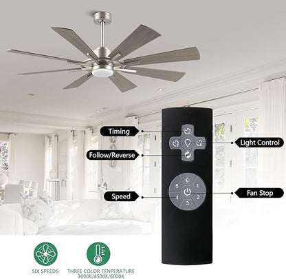 WINGBO 72" DC Ceiling Fan with Lights, Brushed Nickel and Gray Ceiling Fan with 3 Downrods, 8 Plywood Blades, 6-Speed Reversible DC Motor, Modern Ceiling Fans Indoor for Kitchen Bedroom Living Room