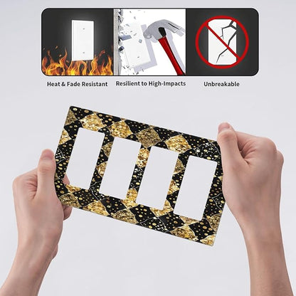 Gold Black Marble Geometric Plaid Glitter Wallplates 4 Gang Quad Rocker Decorative Light Switch Covers Electrical GFCI Faceplate Switch Plate for Bedroom Bathroom Decor
