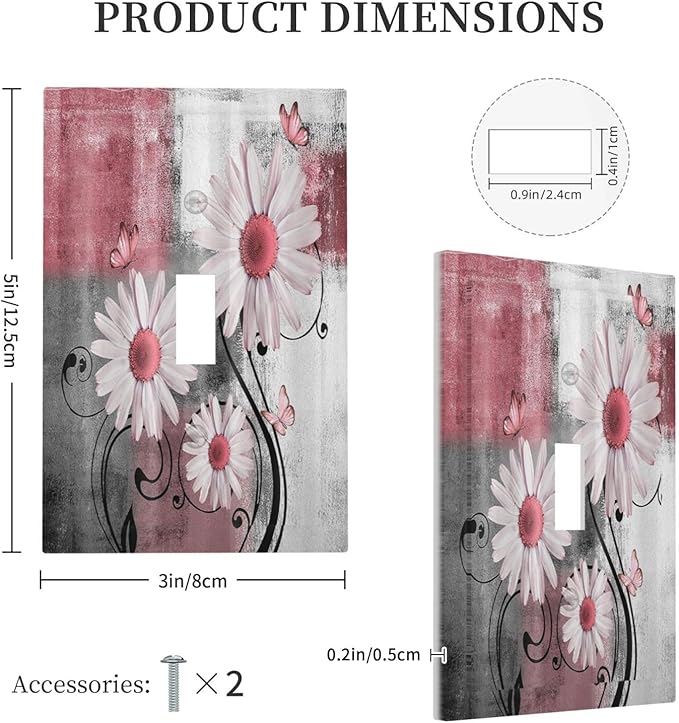Decorative Light Switch Cover Pink Floral Rustic Daisy Flower And Butterfly 1 Gang Single Toggle Decorator Outlet Wall Plate Device Electrical Faceplate Switchplates for Farmhouse Cabin Decor