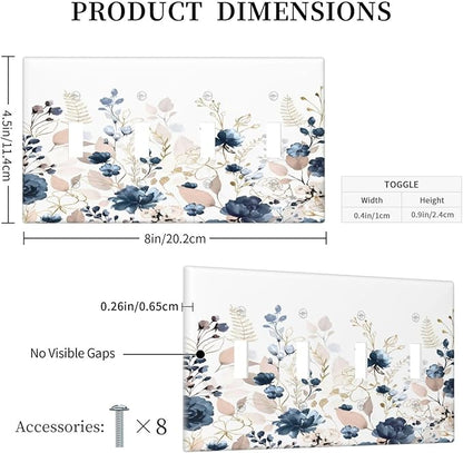 Blue Flora Boho Vintage Flower Golden Leaves Light Switch Covers Quad Toggle Electrical Faceplate 4 Gang Wall Plate Decorative Switch Plates Cover for Bedroom Living Room Decor