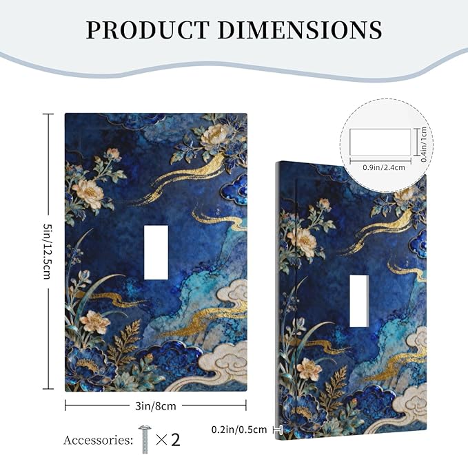 Decorative Light Switch Cover Plate Blue White Flower Gold Line Cloud 1 Gang Single Toggle Wall Plates for Electrical Outlet Covers Switch Plate Covers Faceplate for Bedroom Home Decor