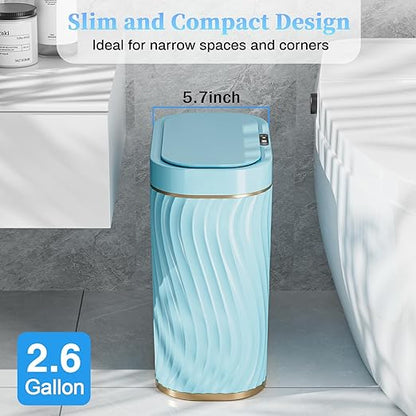 steo spce Bathroom Small Trash Can with Automatic Touchless Lid, 2.6 Gallon Smart Garbage Can Narrow Waterproof Trash Bin for Bedroom, Office, Living Room (Gold Blue)