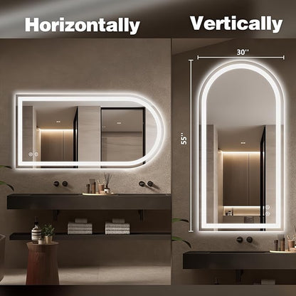 Niccy Arched LED Mirror for Bathroom, 55x30 Vanity Mirror with Light Frameless Bathroom Mirror, Smart Lighted Frontlit Mirrors with Memory Function for Bathroom Bedroom Beauty Hair Salon