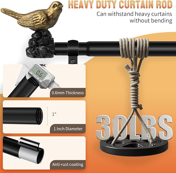 Decorative Black Curtain Rod 36 to 120 Inches Adjustable Drapery Rod with Bird Finials Heavy Duty Curtain Rods for Windows Living Room Kitchen