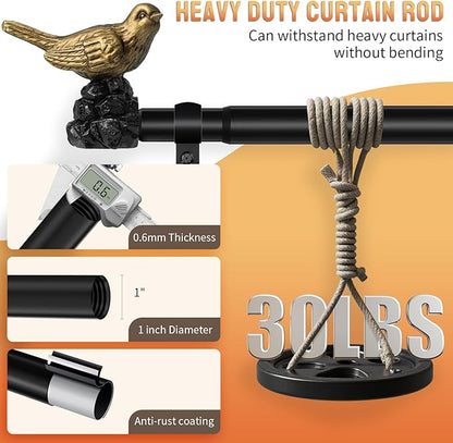 Decorative Black Curtain Rod 36 to 120 Inches Adjustable Drapery Rod with Bird Finials Heavy Duty Curtain Rods for Windows Living Room Kitchen