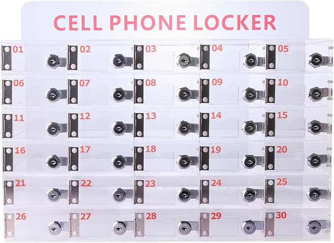 30 Slots Clear Cell Phone Locker,Acrylic Cell Phone Organizer Phones Storage Cabinet Wall Mounted with Door Locks Keys for Factory Office School 12.9X20.6X7.2inch