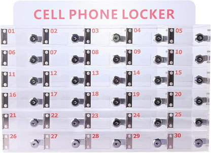 30 Slots Clear Cell Phone Locker,Acrylic Cell Phone Organizer Phones Storage Cabinet Wall Mounted with Door Locks Keys for Factory Office School 12.9X20.6X7.2inch
