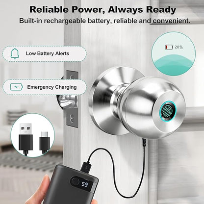 Fingerprint Door Lock, Smart Door Knob, Keyless Entry Door Lock with App Control, Thumbprint Door Knob with Backup Key, Suitable for Home, Bedroom, Apartments, Garage, Office - Sliver