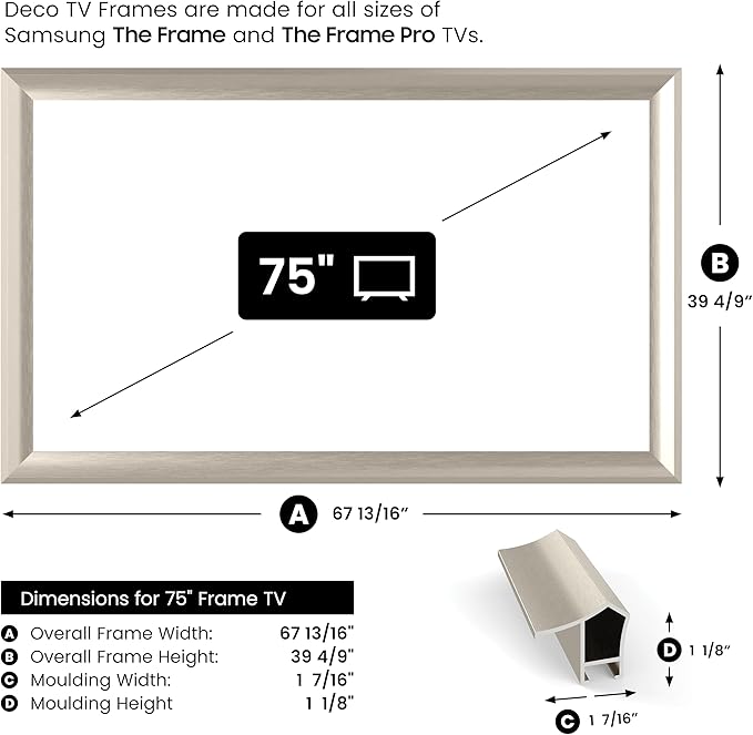 German Silver Prismatic 75" Alloy Deco TV Frame - Compatible ONLY with Samsung The Frame TV and Pro TVs (Fits 2021-2025, LS03A, LS03B,LS03C,LS03D,LS03FA,LS03FW)