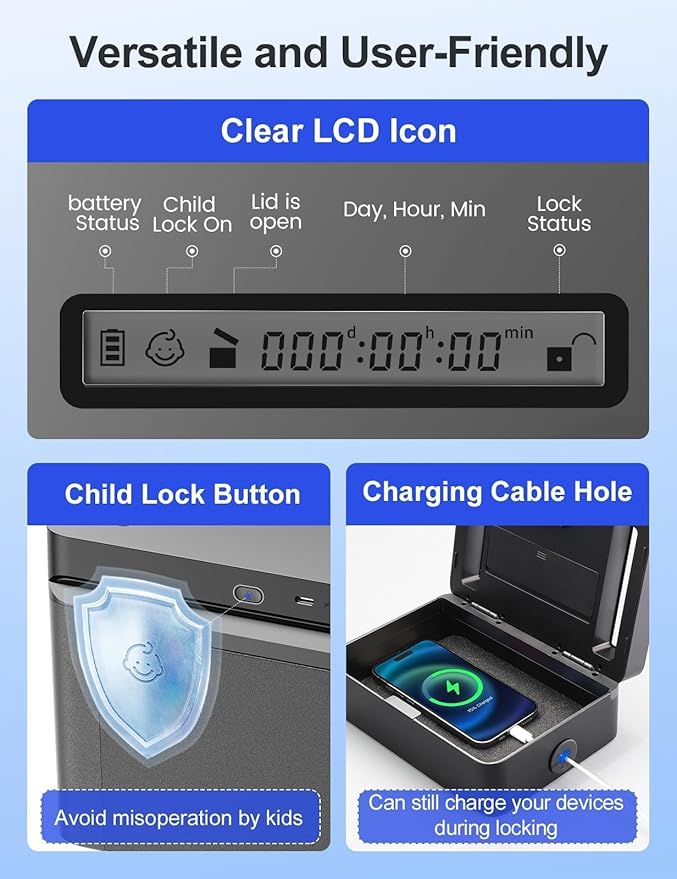 Metal Time Lock Box with Emergency Unlocking, Phone Timed Locked Box with Timer, Timed Locking Container, Audio Prompt, Self-Discipline Gift, 365 Days Max for Cellphone/Medication