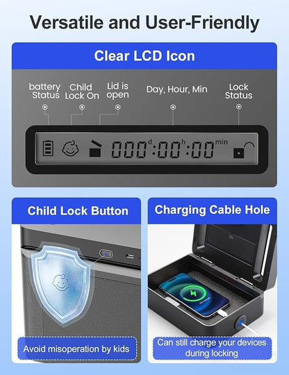 Metal Time Lock Box with Emergency Unlocking, Phone Timed Locked Box with Timer, Timed Locking Container, Audio Prompt, Self-Discipline Gift, 365 Days Max for Cellphone/Medication
