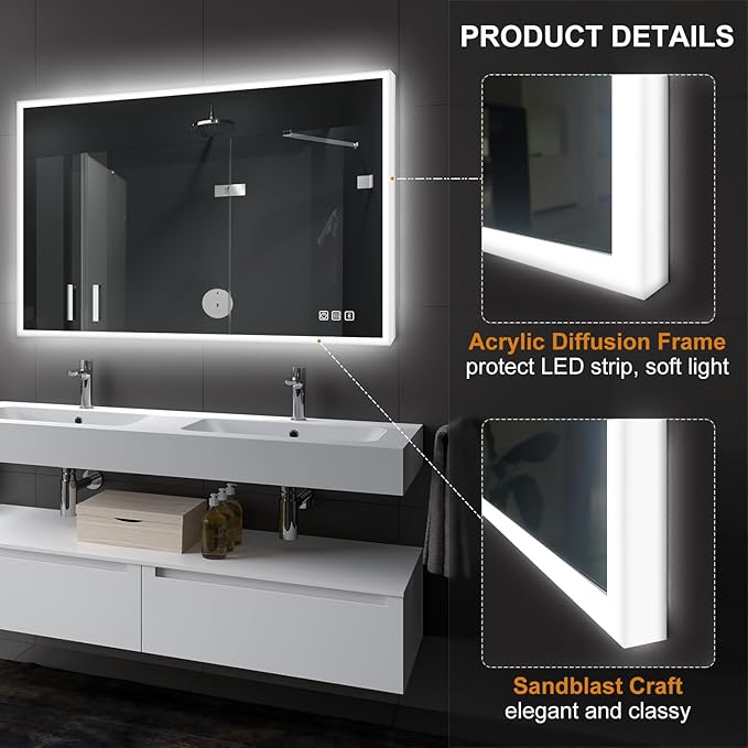 SBAGNO LED Bathroom Mirror with Lights, 40''x28'' 3D Border Bathroom Vanity Wall Mirror with Bluetooth, Anti-Fog, Stepless Dimming, 3 Colors, Tempered Glass Lighted Vanity Mirror for Bathroom