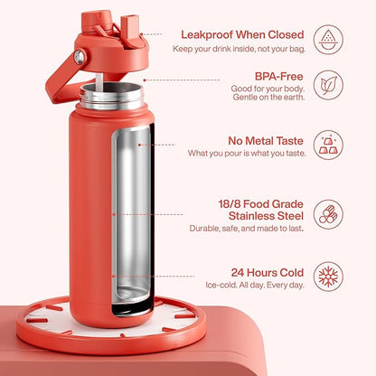 ENCOOL Insulated Water Bottle with Straw Stainless Steel Water Bottle, Leak-Proof, BPA-Free, Double Wall Vacuum Keeps Cold for 24 Hours for Sports, Travel, School (32 oz, Tawny Orange)