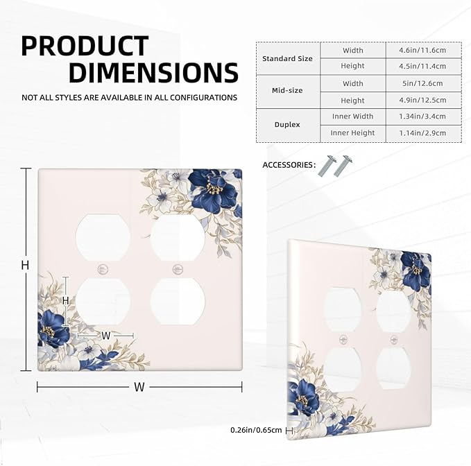 Decorative Outlet Covers Rustic Blue Beige Flower Peony Floral 2 Gang Light Switch Cover Plate Double Duplex Wall Plates for Electrical Outlets Switch Plate Covers for Bedroom Home Decor