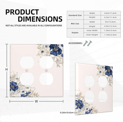 Decorative Outlet Covers Rustic Blue Beige Flower Peony Floral 2 Gang Light Switch Cover Plate Double Duplex Wall Plates for Electrical Outlets Switch Plate Covers for Bedroom Home Decor