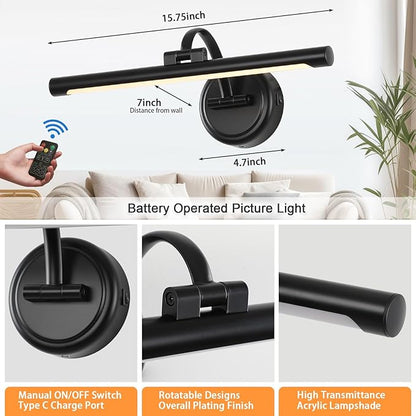 Rechargeable Picture Light for Wall, Cordless Art Lights Battery Operated, Dimmable Wall Light with Remote & Timer, 3 Color Modes for Paintings, Gallery, Artwork(Black, 15.7inch)