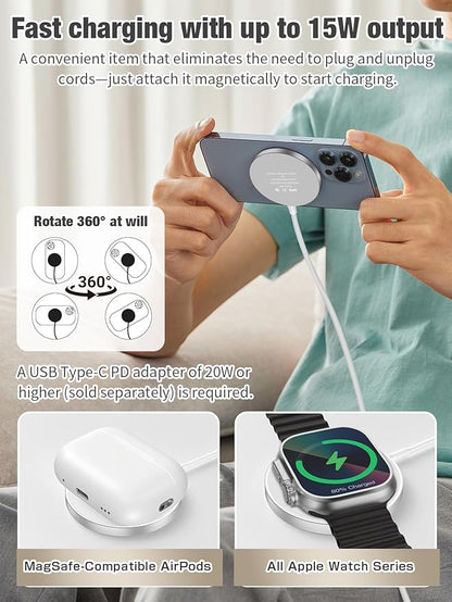 3 in 1 Magnetic Wireless Charging Station, 15W Fast Charger Compatible with iPhone 17/16/15/14/13/12 Series, Apple Watch 9-2/SE, AirPods Pro 3/2/1, for Bedside Desk Travel Home Office (Silver)
