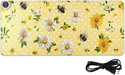 Heated Desk Pad Mouse Pad 31.5x13 Inch PU Leather Desk Mat with 3 Heat Levels Large Mouse Gaming Computer Laptop Mat Yellow Dot Bee and Daisy