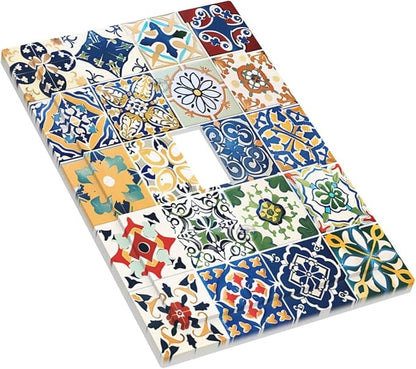 Decorative Light Switch Cover Moroccan Traditional Mexican Talavera Til 1 Gang Single Toggle Device Electrical Faceplate Switchplates Decorator Outlet Wall Plate for Kitchen Home Decor