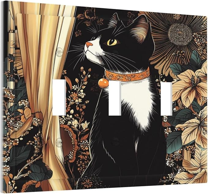 Decorative Switch Plates Boho Mandala Floral Black Cat Vintage Flower 3 Gang Wall Plate Triple Toggle Light Switch Cover Faceplate Electrical Wall Panels For Farmhouse Home Decor