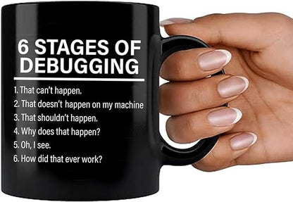 Panvola Stages Of Debugging Computer Programmer Gift Funny Programming Mug For Dad Husband Boyfriend Coworker From Wife Girlfriend Friends Coffee Cup (11 oz, Black)