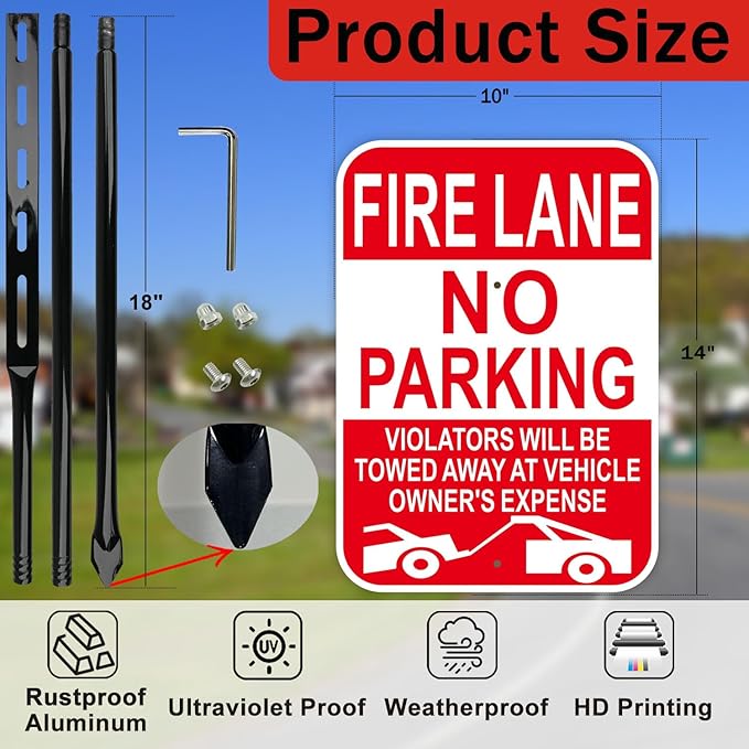Fire Lane No Parking Sign with 54 Inch Metal Stakes, Red, Aluminum, 10x14 Inches, Reflective, Weather-Resistant, 2 Pack