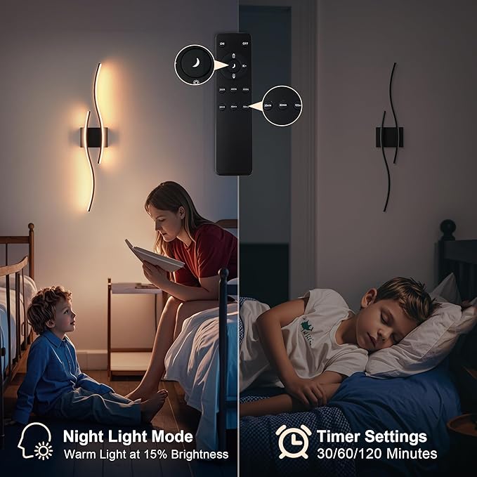 Battery Operated Wall Sconces Set of Two with Remote Control, Dimmable/3 Color/Night-Light/Timer/Memory, Black Modern Wireless LED Sconce for Living Room, Hallway, Bedroom, 31.4 Inch (2 Pack)
