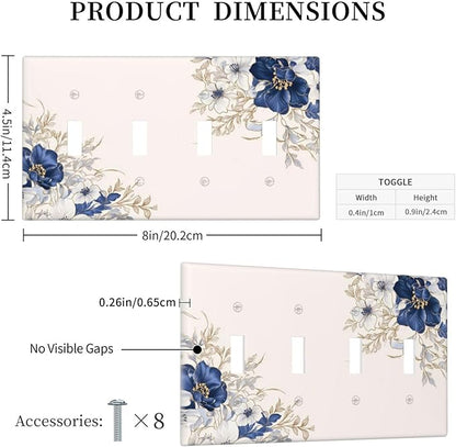 Decorative Light Switch Cover Plate Rustic Blue Beige Flower Peony Floral 4 Gang Wall Plates for Electrical Outlets Quad Toggle Switch Plate Covers Outlet Covers Faceplate for Bedroom Decor