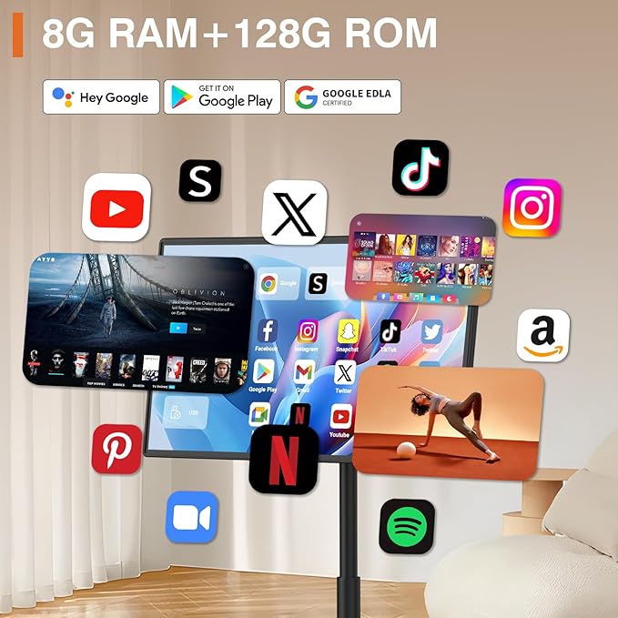 32-Inch Portable Smart Tablet, Portable TV on Wheels with 4K Camera, 8G RAM+128G Storage, Android 13 OS, Built-in Battery(Up to 8H), Full Swivel Rotation, Voice Remote Control(Black)