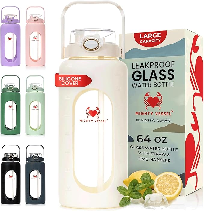 64 oz Glass Water Bottle – White | Leakproof Borosilicate Bottle with Straw, Silicone Sleeve, Time Marker – Half Gallon Hydration for Gym, Travel, Sports