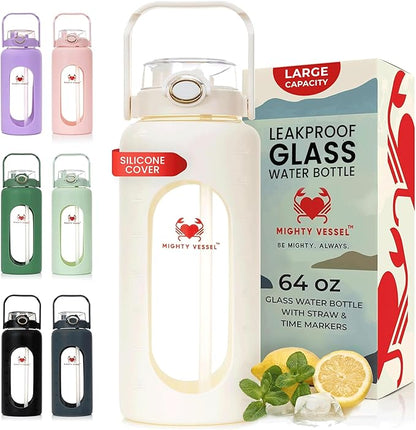 64 oz Glass Water Bottle – White | Leakproof Borosilicate Bottle with Straw, Silicone Sleeve, Time Marker – Half Gallon Hydration for Gym, Travel, Sports