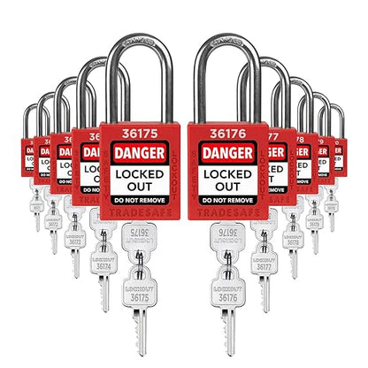 TRADESAFE Lockout Tagout Locks Set - 10 Red Loto Locks, Lockout Locks Keyed Different, 2 Keys Per Lock, OSHA Compliant Lock Out Tag Out Padlocks, Safety Padlocks for Electrical Lockout Tag Out Kits