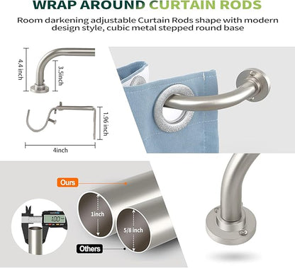 Nickel Wrap Around Curtain Rods 66 to 120In:Blackout Heavy duty Adjustable Window Curtain Rod for Bedroom,Industrial Darkening Curved French Metal Single Drapery Rods Easy Install,Satin Nickel