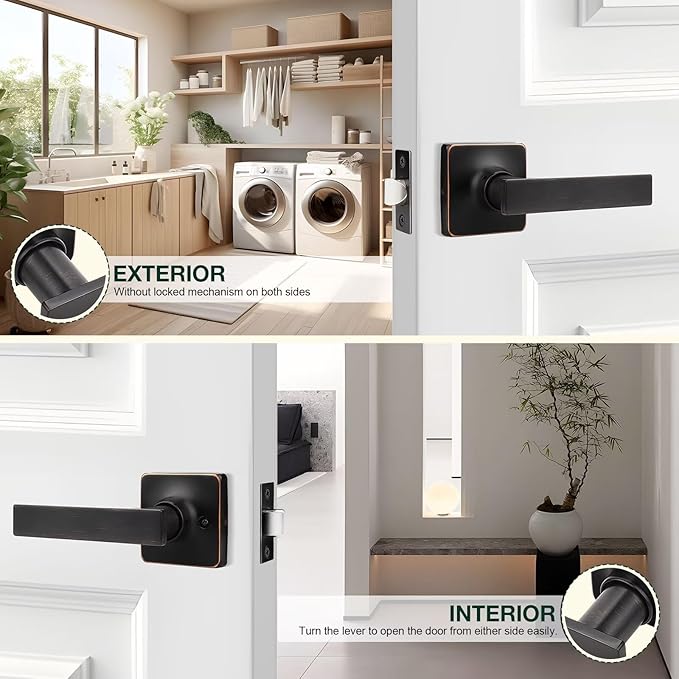 GOBEKOR 2 Pack Oil Rubbed Bronze Door Handles Interior with Lock Passage Door Levers Bronze Closet Door Handle Interior Keyless Door Locks for Closet Bronze Square Door Handles