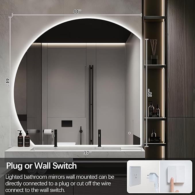 Niccy Half Moon LED Mirror for Bathroom, 28" Backlit + Front Lit Lighted Semi Round Makeup Mirrors for Wall, Anti-Fog, Dimmable 3-Colors, Memory Function, Shatterproof Smart Vanity Mirror