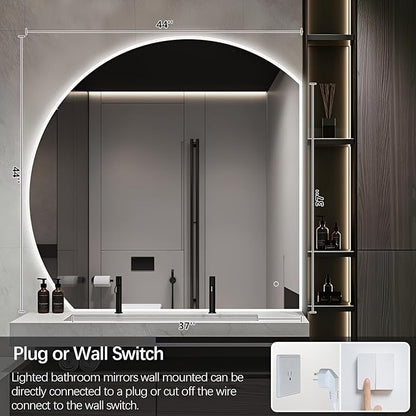 Niccy Half Moon LED Mirror for Bathroom, 28" Backlit + Front Lit Lighted Semi Round Makeup Mirrors for Wall, Anti-Fog, Dimmable 3-Colors, Memory Function, Shatterproof Smart Vanity Mirror