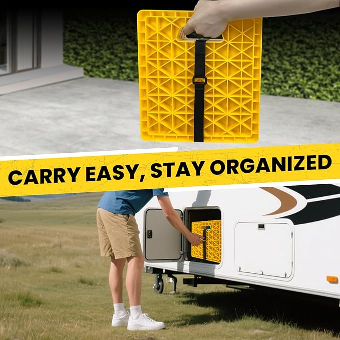ROBLOCK Large RV Jack Stabilizer Pads,Sinking Resistant Stackable Camper Stabilizer Pads with Easy-Grip Handle and Handy Strap, Easy Storage & Organization, Yellow 4 Pack 14" x 12"