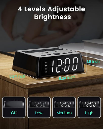 Alarm Clock with USB Charger JACKYLED Power Strip Total 4.8A USB Ports LED Full Screen Surge Protector 6.5ft Cord 4 Dimmer for Heavy Sleepers Compatible with Phone Tablet Computer Black Silver