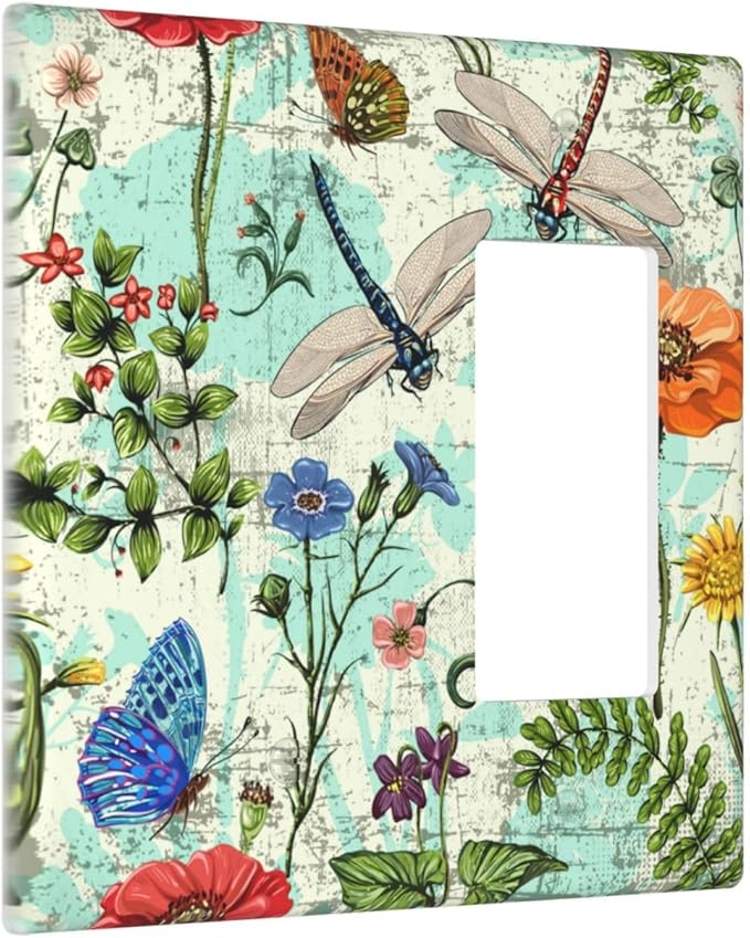 Dragonflies Flowers Butterfly 2 Gang 1 Rocker 1 Blank Outlet Light Switch Cover Decorative Wall Plate Cover For Home Living Bedroom Kitchen Decorative