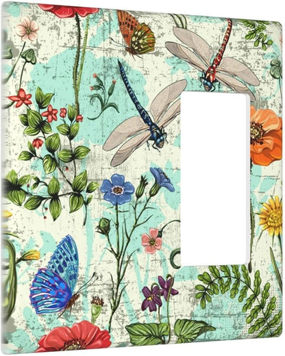 Dragonflies Flowers Butterfly 2 Gang 1 Rocker 1 Blank Outlet Light Switch Cover Decorative Wall Plate Cover For Home Living Bedroom Kitchen Decorative