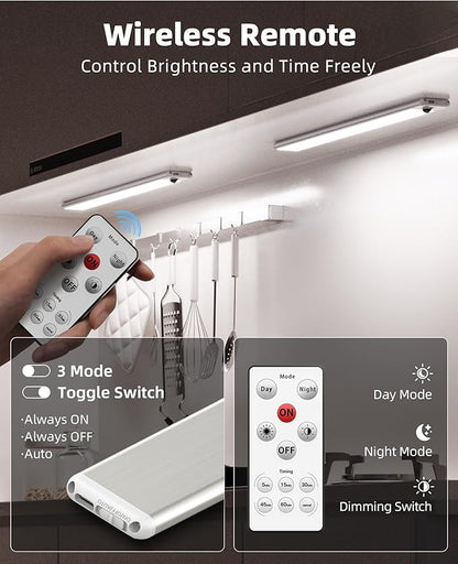 EZVALO Under Cabinet Lights, 14.5'' Motion Sensor Light Indoor Dimmable, 4000mAh Rechargeable Closet Lights 5700K with Remote Control, Wireless Under Counter Light for Kitchen,Cabinet,Bedroom（4Pcs）