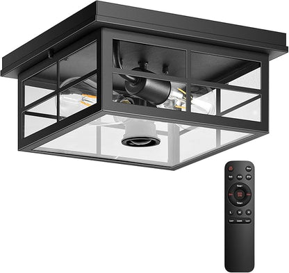 Motion Sensor Outdoor Ceiling Light with Remote, Distance and Time Adjustable Outside Flush Mount Ceiling Light, 5 Modes Porch Lights Outdoor Ceiling for Garage, Porch, Entryway, Black, Square