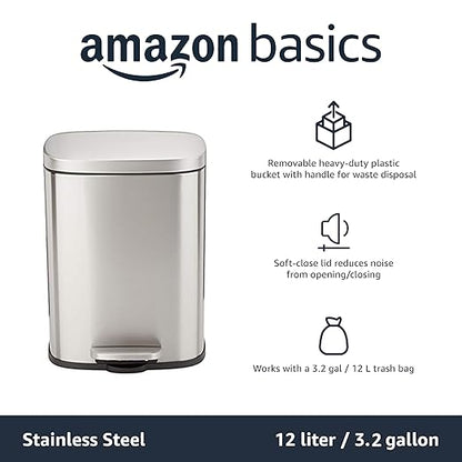Amazon Basics Smudge Resistant Small Rectangular Trash Can With Soft-Close Foot Pedal, Brushed Stainless Steel, 12L/3.2 Gal, 11.3x9.9x15.1 in, Satin Nickel Finish