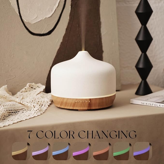 Porseme 500ml Ceramic Essential Oil Diffuser Aromatherapy Ultrasonic Cool Mist Humidifier 15-21 Running Hours Air Diffusers for Sleeping Yoga Office Working Spa and Rest (White Ceramic)