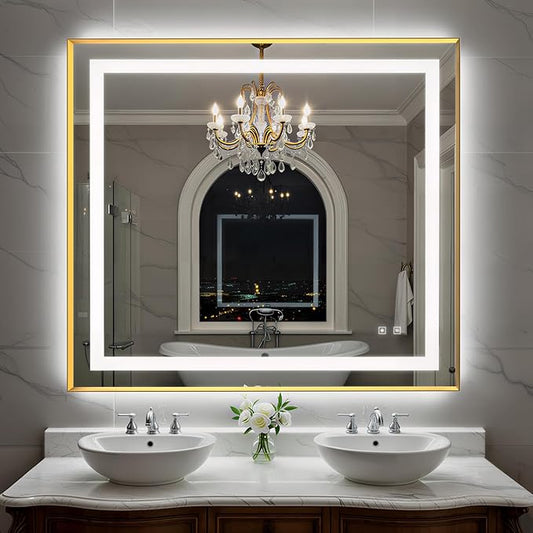 40X36 Inch LED Bathroom Mirror with Lights, Gold Frame Frontlit+ Backlit Bathroom Vanity Mirror for Wall, Ultra-Clear Tempered Glass, Shatter-Proof, Anti-Fog and Memory Function, ETL Listed