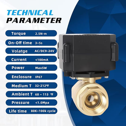 3/4" Brass Motorized Ball Valve - 2 Wire Auto Return Electric Water Valve,9-24V AC/DC Automatic Ball Valve with Full Port