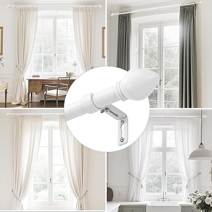 Curtain Rods for Windows 16 to 76 inches, Curtain Rod Max Adjustable Length to 88 in, Drapery Rod 1 inch Diameter with Modern Knobs Finials (White, 16" to 76" - Set of 2)