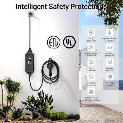 Portable Level 1&2 EV Charger-ETL Certified,12/16A 110V-240V with 25FT Extension Cable, NEMA 6-20 Plug & NEMA 5-15 Adapter,Portable Electric Vehicle Charging Stations for All SAE J1772 Cars