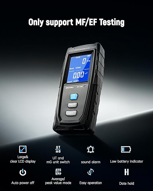 ERICKHILL EMF Meter, Detects Electric and Magnetic Fields, Handheld Digital EMF Detector with LCD Display, Sound-Light Alarm, Rechargeable Battery for Home, Office, and Appliances (Blue)