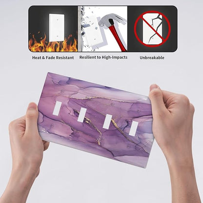 Light Switch Covers Purple Marbling Golden Line Quad Toggle Electrical Faceplate 4 Gang Wall Plate Decorative Switch Plates for living Room Bathroom Decor